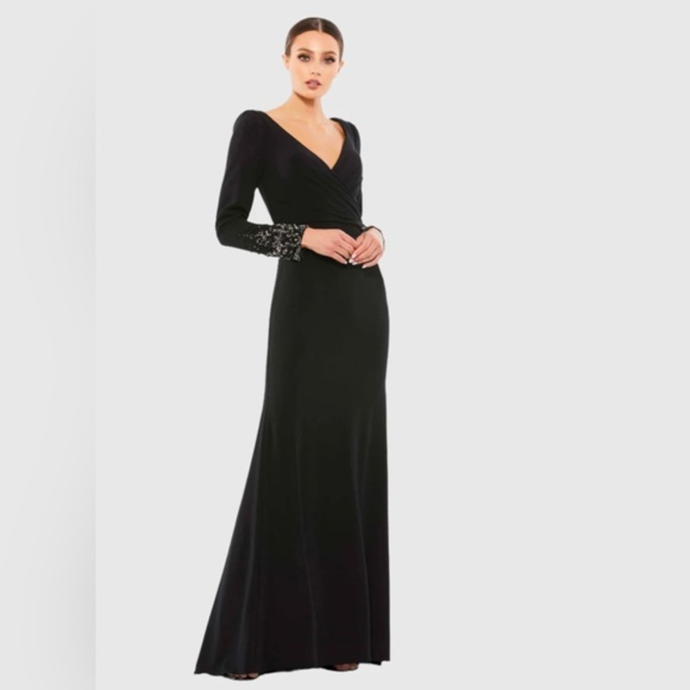 Mac Duggal Beaded Cuff Long Sleeve Wrap Over Trumpet Gown